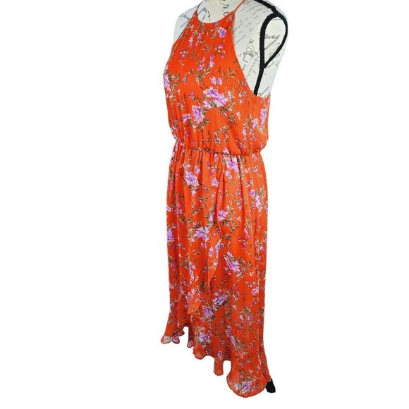 Lush Floral Chiffon Ruffle Tulip Hi Low Hem Maxi Dress Red Lavender Floral Small - Picture 2 of 6